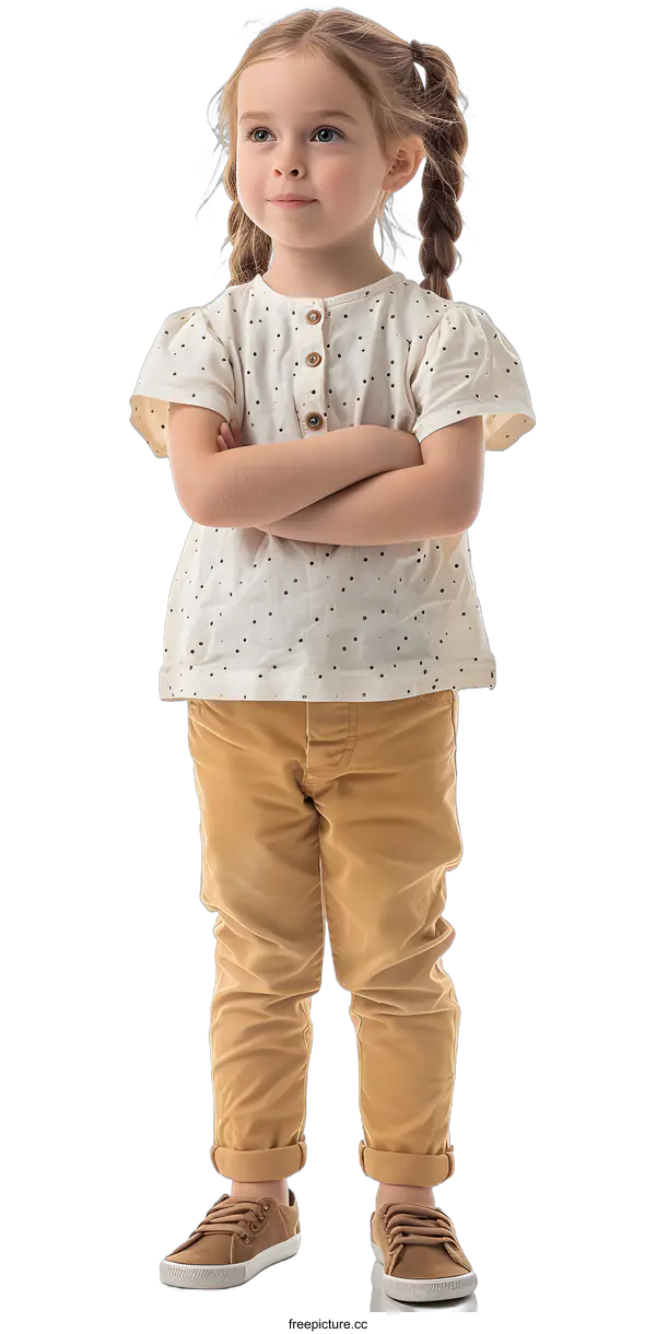 [Transparent Background PNG]Little girl with brown hair and brown eyes wearing a white shirt with polka dots and brown pants standing with her arms crossed