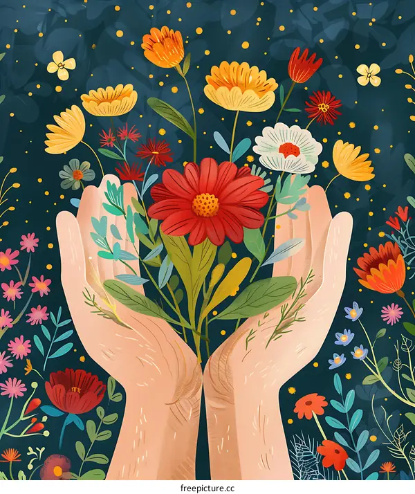 Colorful Floral Bouquet Held by Hands Illustration