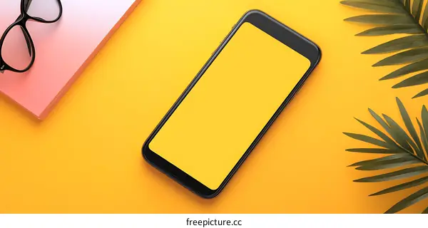 Yellow Background with Smartphone and Palm Leaves
