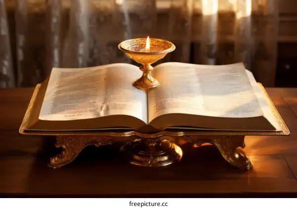 Ornate Bible with Glowing Chalice