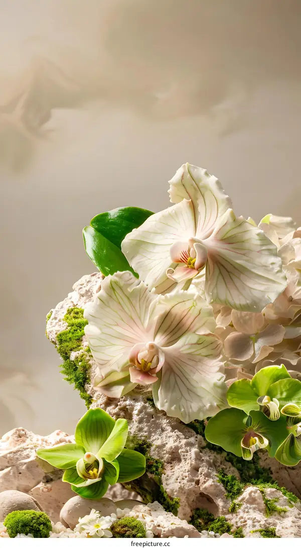 White and Green Orchids on Stone and Moss