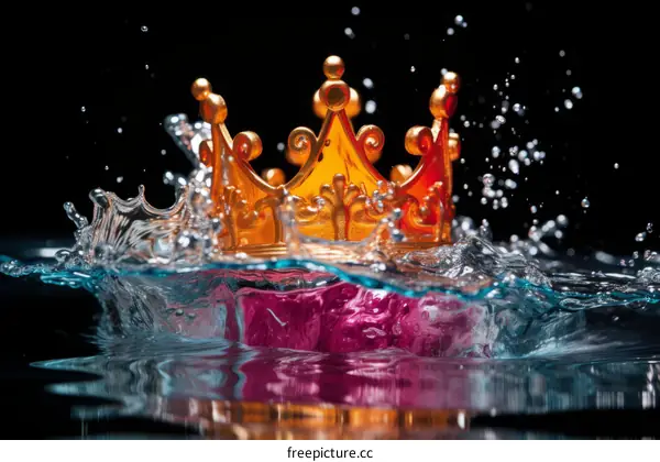 Golden crown falling into water with a splash