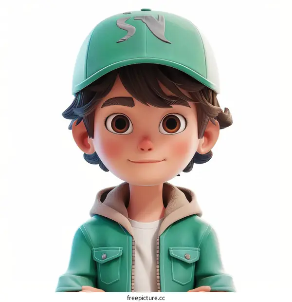 A 3D rendering of a young boy wearing a green cap and a green jacket
