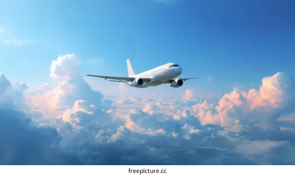 Airplane Flying Above Fluffy Clouds Scenic Landscape
