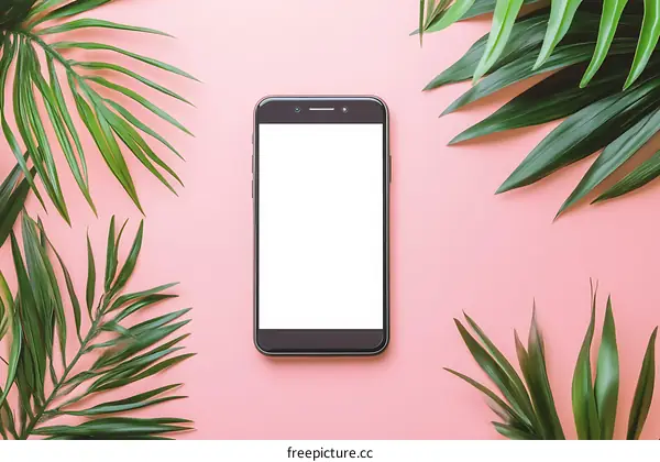Flat Lay of Green Palm Leaves and Smartphone on Pink Background