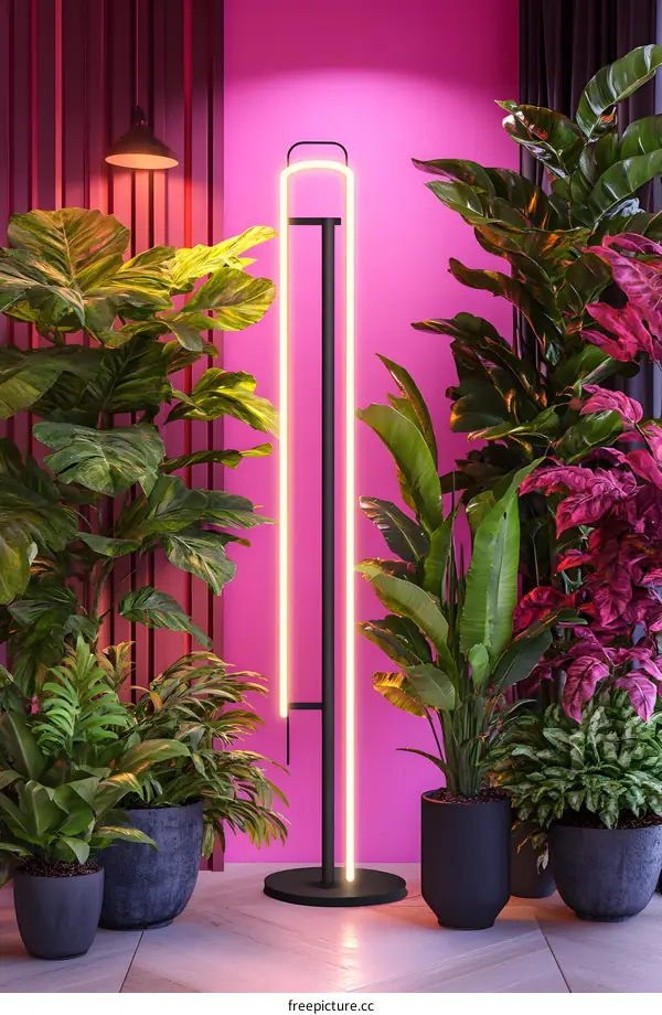 Modern Minimalist Interior Design with Neon Light and Plants