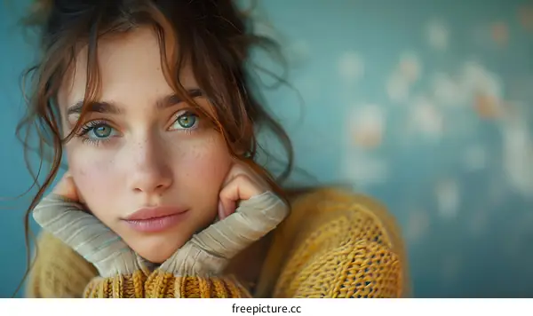 portrait of a beautiful young woman with freckles and green eyes