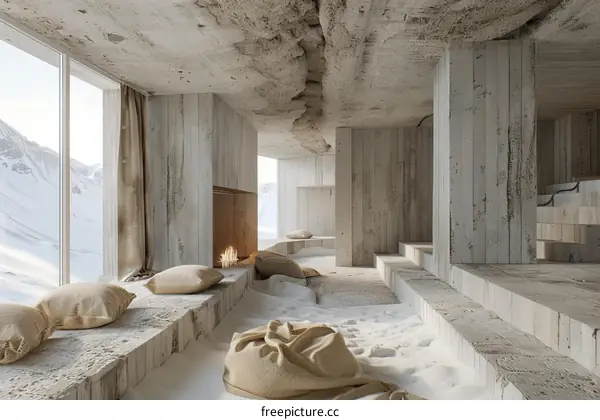 Concrete Interior Design with Sand Floor and Large Windows