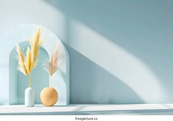 Minimalist Blue Wall with Pampas Grass in Vases