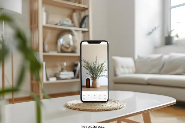 Close Up Of A Smartphone Showing A Photo Of Plant In A Vase
