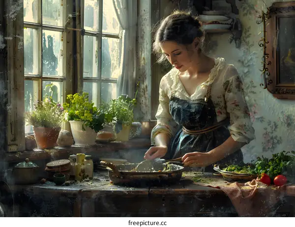 Lady Cooking In Kitchen