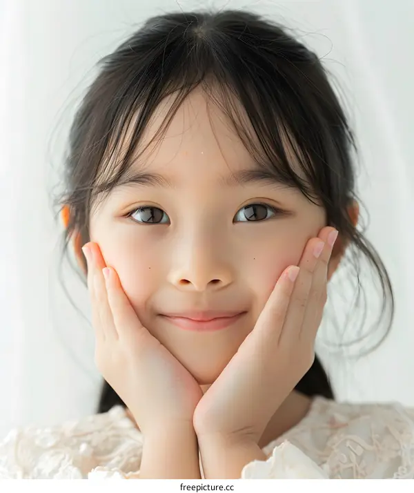Portrait of a Smiling Asian Girl With Her Hands on Her Cheeks