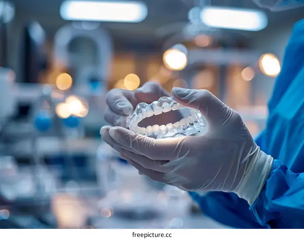 Dentist holding a teeth impression mold in a dental lab