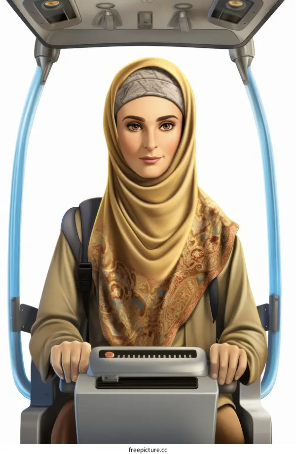 Young Hijab-Wearing Woman Driving Futuristic Vehicle