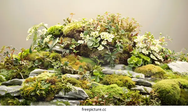 Green Moss and White Flowers on Rocks