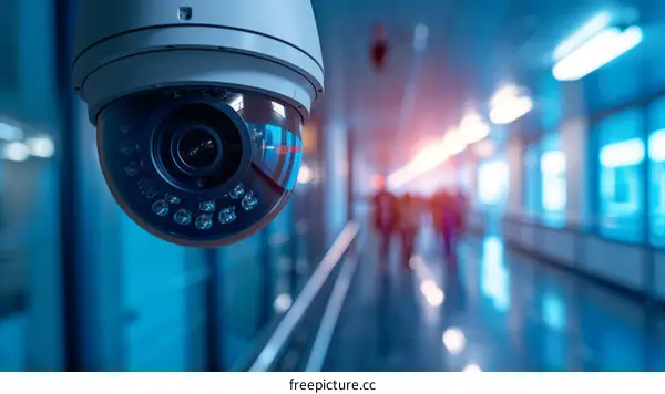A surveillance camera is monitoring the hallway