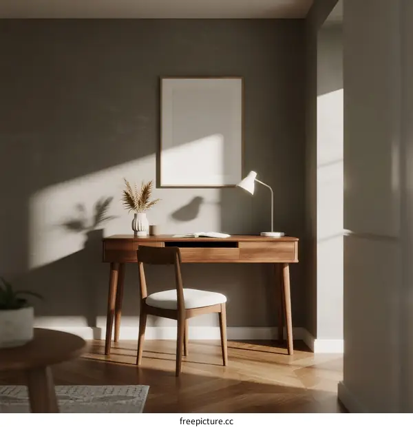 Modern Wooden Desk with White Chair in Cozy Living Room