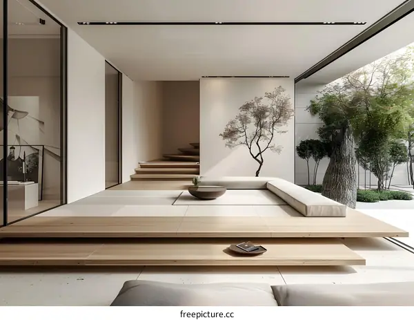 Minimalist Japanese Style Interior Design With Wooden Flooring and a Large Window