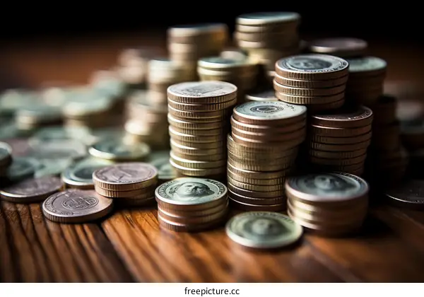 Stacks of American one dollar coins on a wooden table