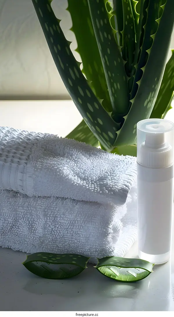 Aloe Vera Plant, White Towels, and Bottle of Aloe Vera Lotion