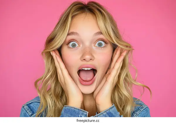 Surprised Caucasian Woman Portrait Against Pink Background