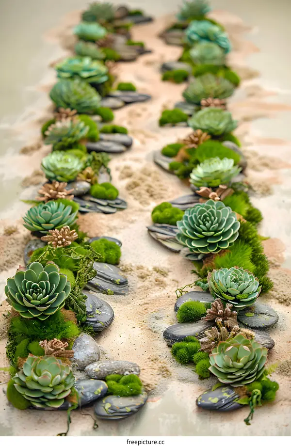 Green Succulents and Stones Path Decor