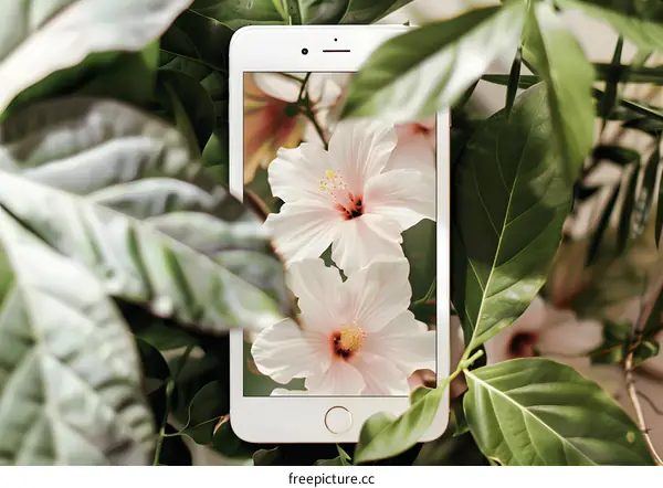 White Flowers on Phone Screen Surrounded by Green Leaves