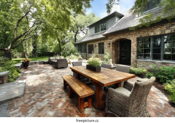 Outdoor Patio with Brick Pavers and Wooden Furniture