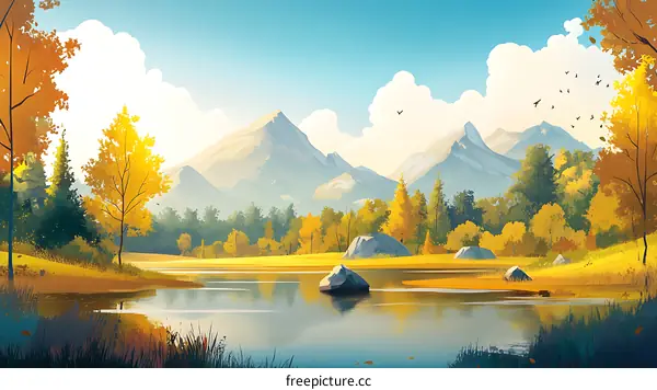 Autumn Landscape by the Lake with Majestic Mountains