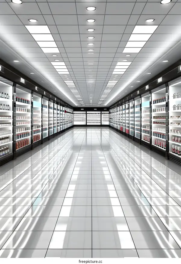 Empty Supermarket Aisle With Shelves Of Products
