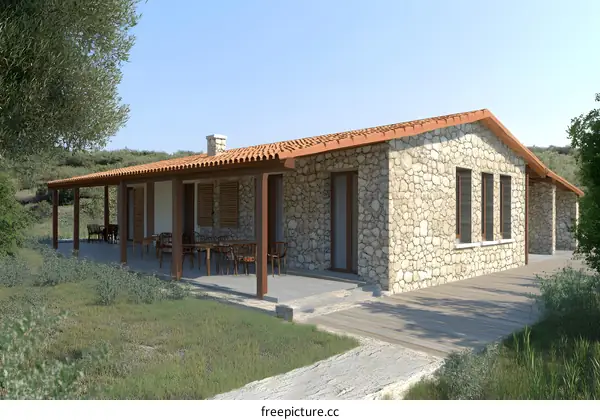 Stone House with Covered Patio and Wooden Deck