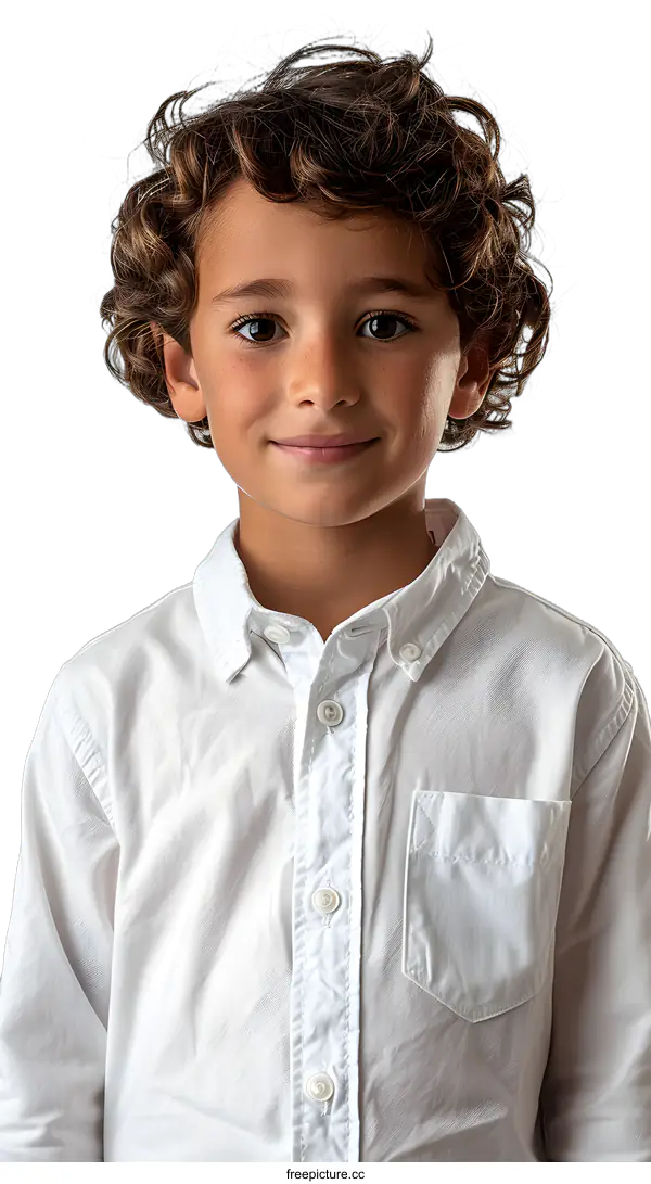 [Transparent Background PNG]Portrait of a Young Boy with Curly Hair Wearing a White Shirt