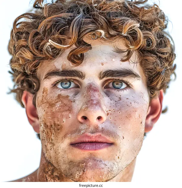 Portrait of a young man with curly hair and dirt on his face