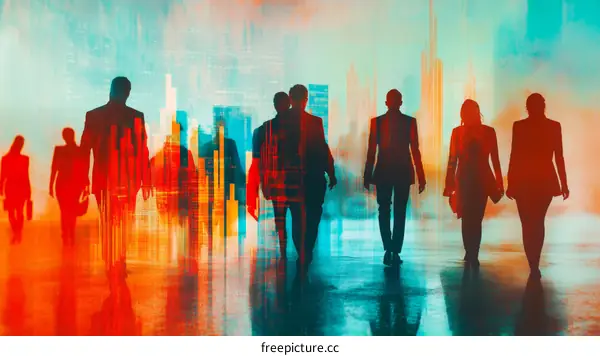 Silhouettes of Business Professionals Walking in Cityscape