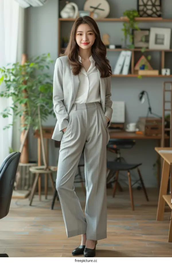 Asian woman in a gray suit standing in an office