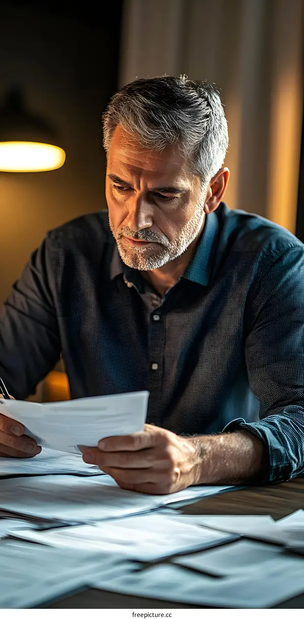 Serious Man Reviewing Documents at Home