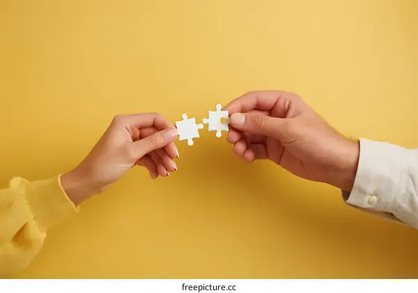 Two Hands Joining Puzzle Pieces on Yellow Background