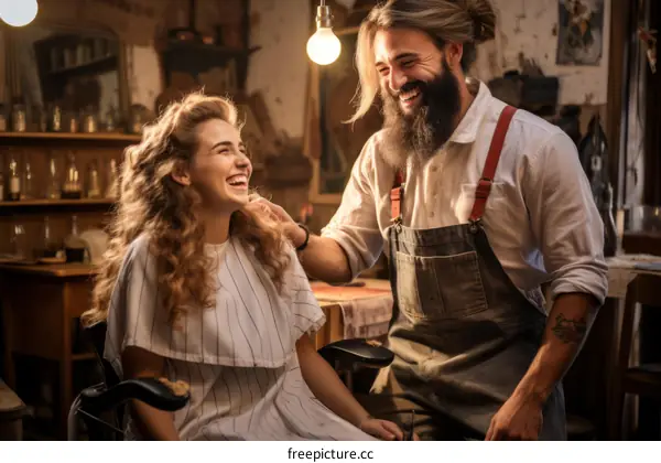 Bearded man and woman laughing in vintage barbershop