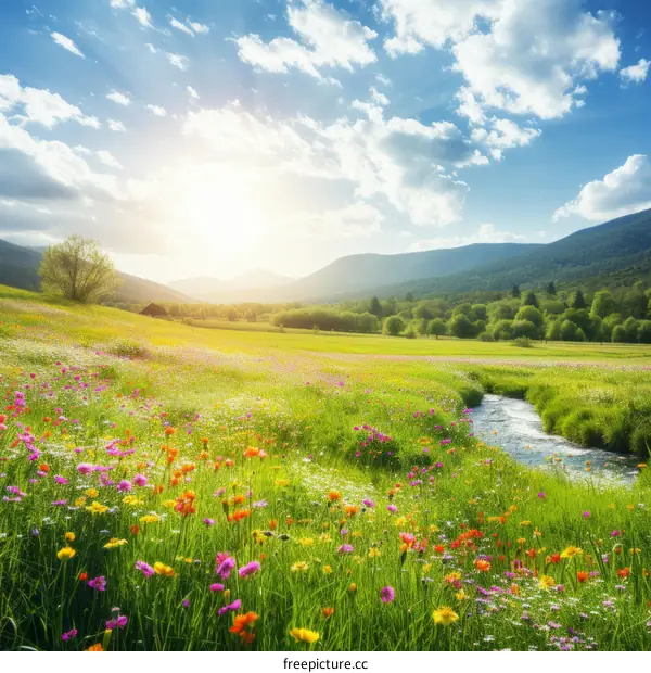 A beautiful summer landscape with a meadow full of colorful wildflowers and a flowing river
