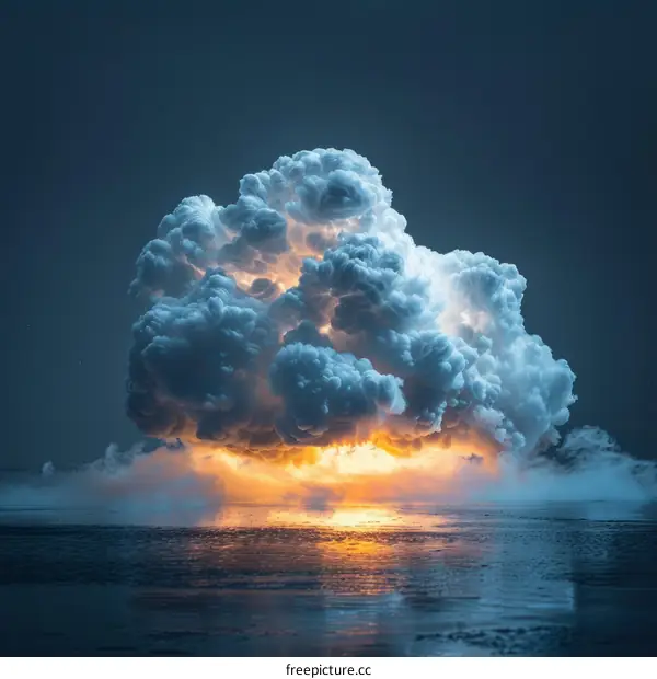 Blue and white cloudscape with a bright orange center