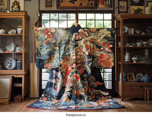 A kimono with a pattern of flowers and birds displayed in a traditional Japanese room