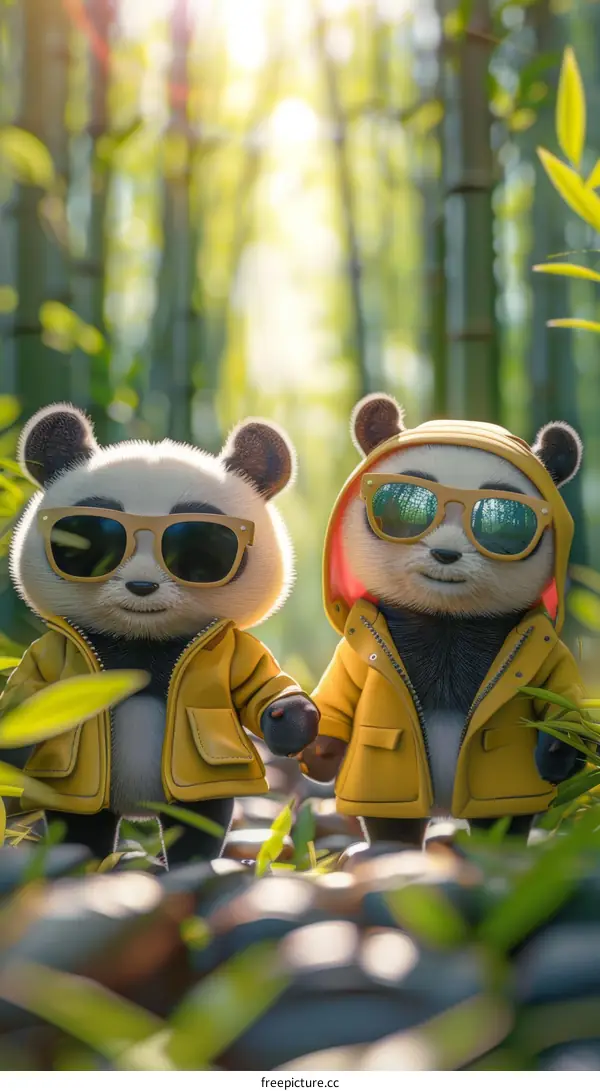 Two cartoon pandas wearing yellow jackets and sunglasses are holding hands in a bamboo forest