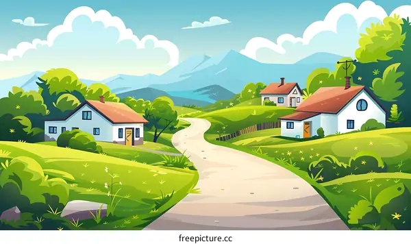 Cartoon Illustration of Houses on a Hill