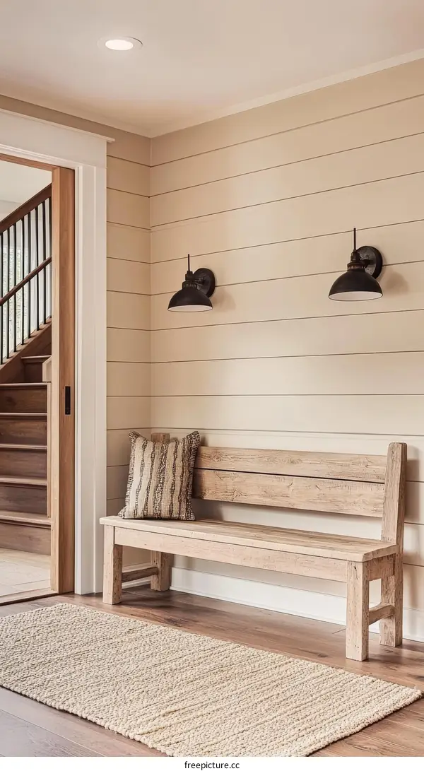 Rustic Entryway with Wooden Bench and Rug
