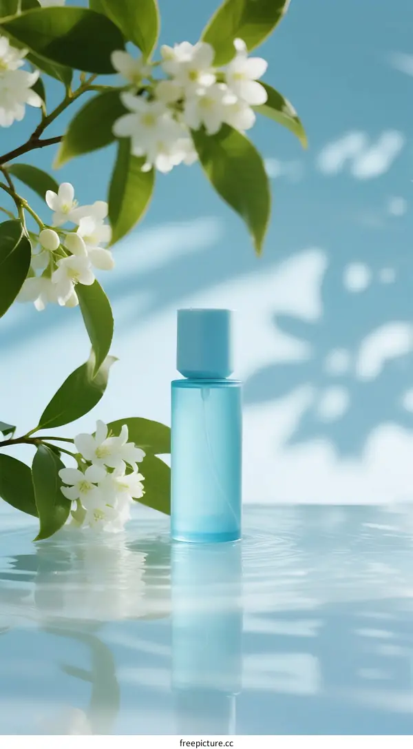 Blue bottle with white flowers on light blue background