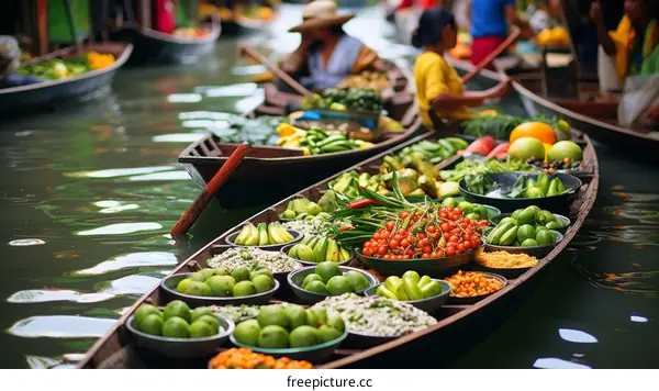 Floating market in Thailand with boats full of fresh fruits and vegetables