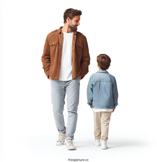 Father and Son Walking Together on a White Background
