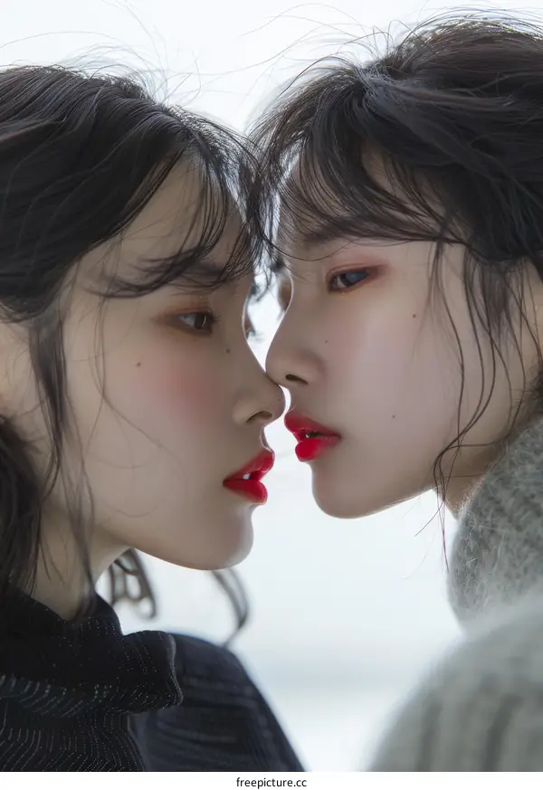 Two Asian Beauties Standing Close Together with Closed Eyes