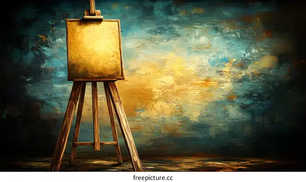 Blank Canvas on Wooden Easel in Front of Blue and Gold Textured Background