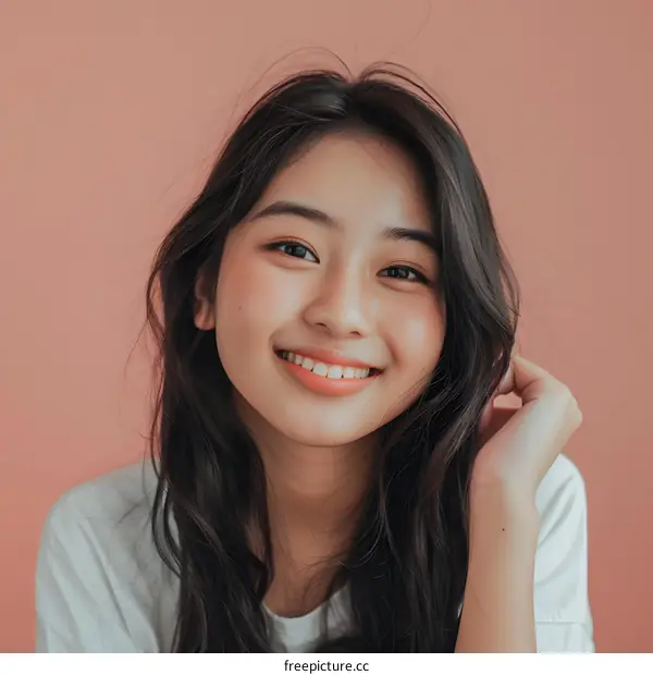 Portrait of a Smiling Asian Woman with Long Black Hair